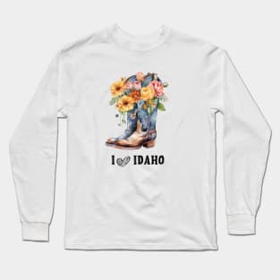 I Love Idaho Boho Cowboy Boots with Flowers Watercolor art Long Sleeve T-Shirt